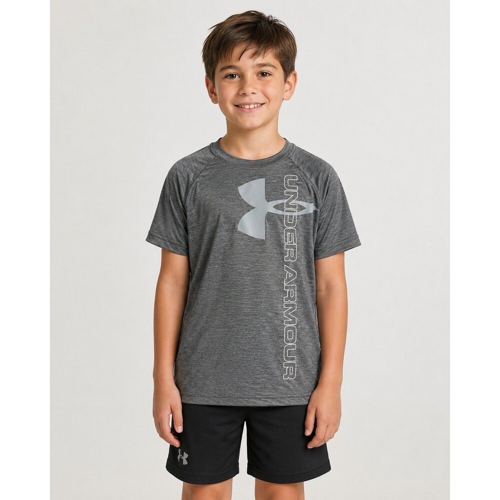 Under Armour HeatGear Boys Youth Small Gray Short Sleeve Logo Athletic Shirt YSM